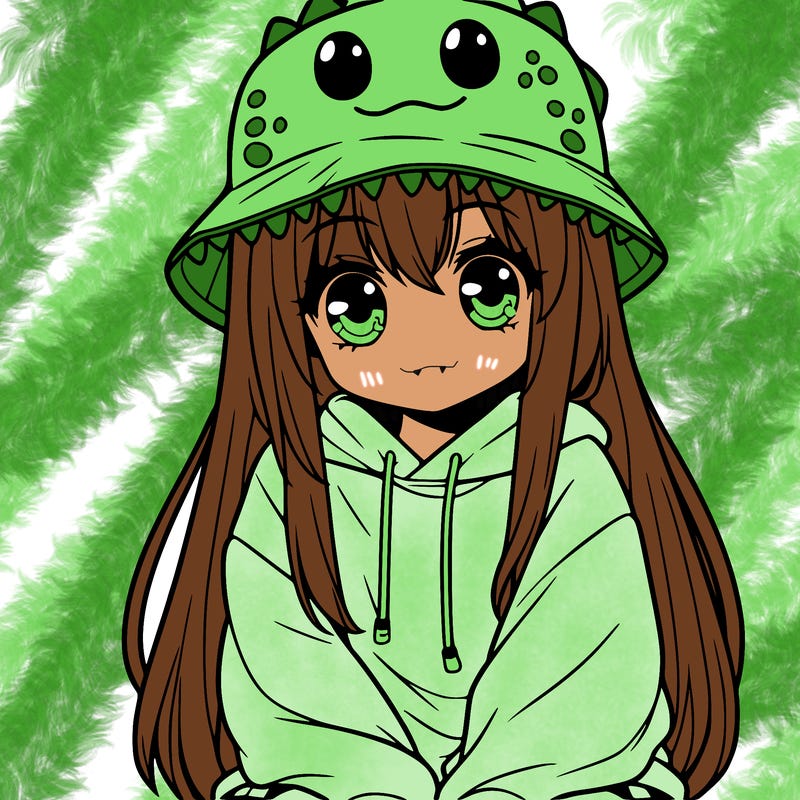 girl with anime shaped eyes with a dinosaur bucket hat oversized sweatshirt long straight hair