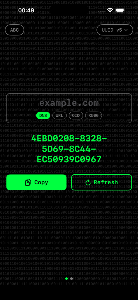 Quick UUID: GUID Generator - Quick UUID app interface showing a generated UUID version 5 for a domain name in dark mode.
