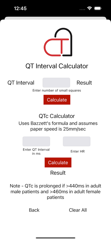 The Cardiac Calculator - QT and QTc Interval Calculator interface within The Cardiac Calculator app