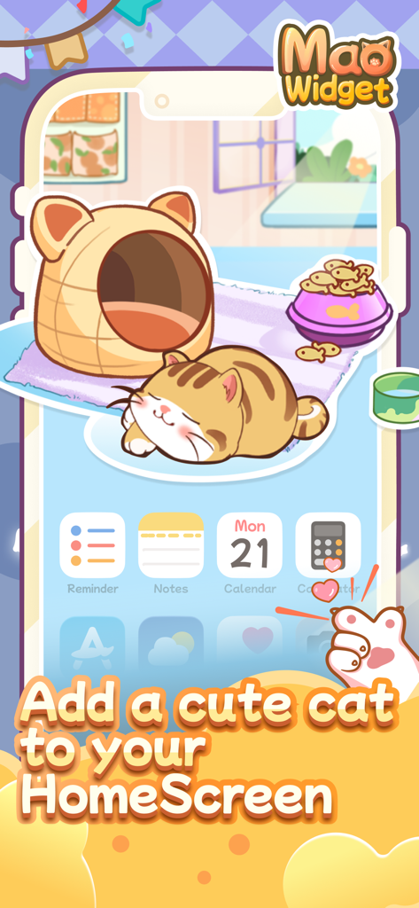 A cute virtual tabby cat sleeping in a home screen widget next to its bed and food
