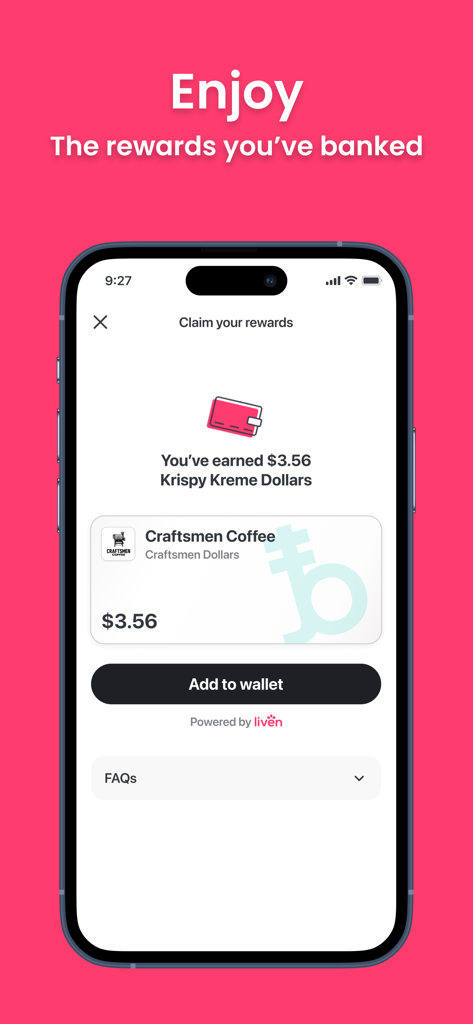 Mobile app screen showing the Liven rewards claim page with earned Brandollars and a button to add them to the wallet.