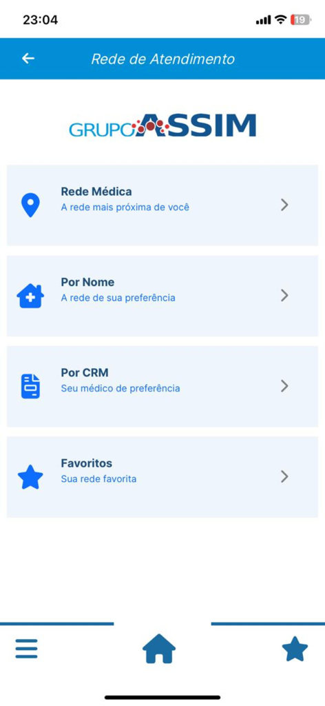 ASSIM SAÚDE - Mobile app screen for ASSIM SAUDE showing medical network search options including search by location name and CRM license number