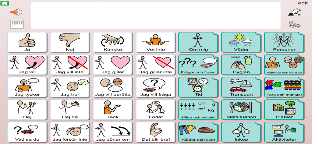 AAC communication grid interface with Widgit symbols and Swedish text labels for language development.