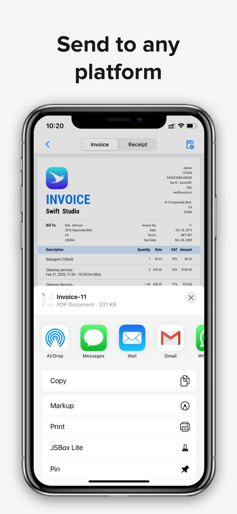 Mobile app interface showing options to send a professional PDF invoice through email, messaging, and other platforms.