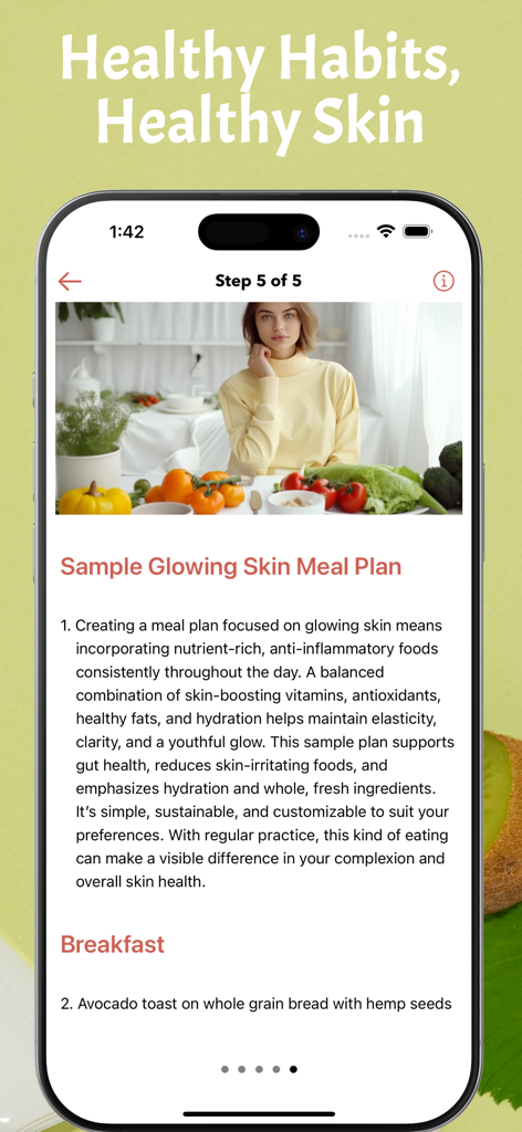 Skin Care: Beauty Tips Offline - Mobile app screen showing a healthy meal plan for glowing skin including breakfast tips