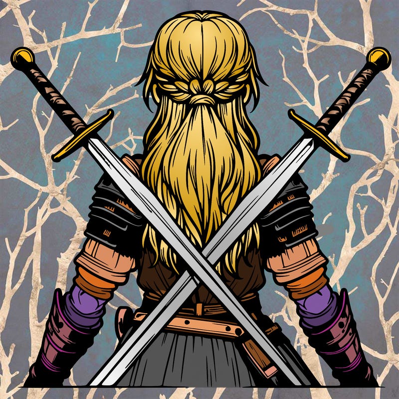 very realistic warrior girl with swords behind her back