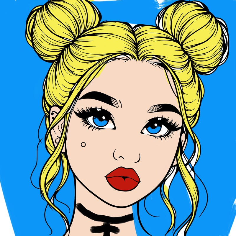 realistic girl with two buns on her hair and lips