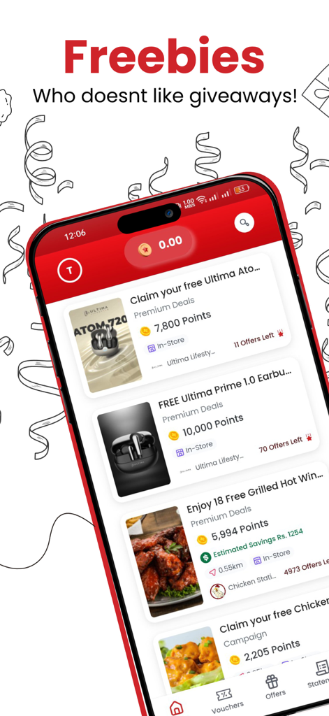 Fonepoints - Interface do aplicativo Fonepoints exibindo recompensas como eletrônicos grátis e vouchers de comida.