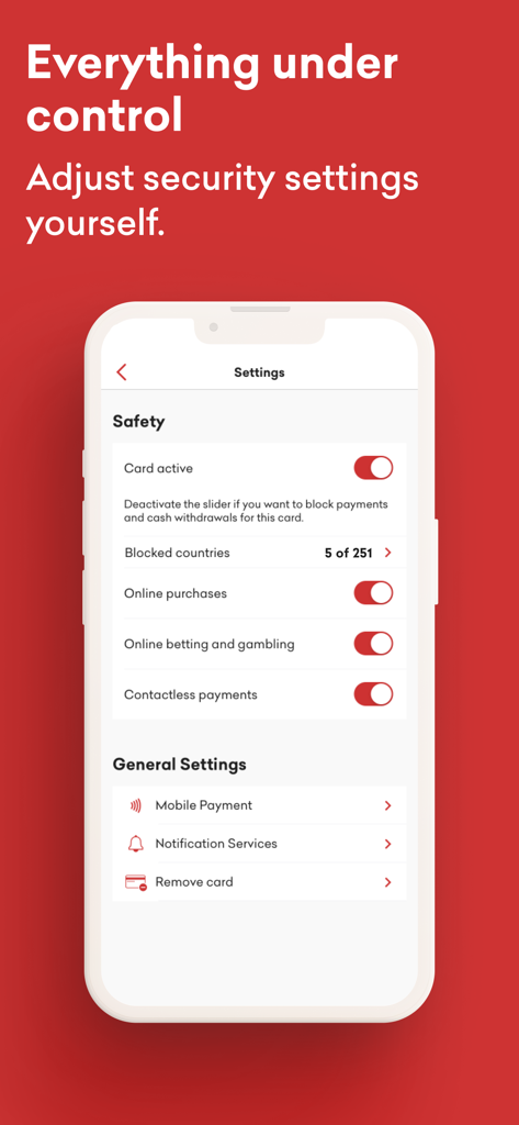 Swiss Bankers - Swiss Bankers app interface showing granular security settings for card activation and country blocking