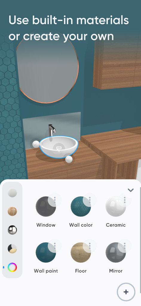Moblo - 3D furniture modeling - Moblo app interface showing 3D furniture material selection options for home design.