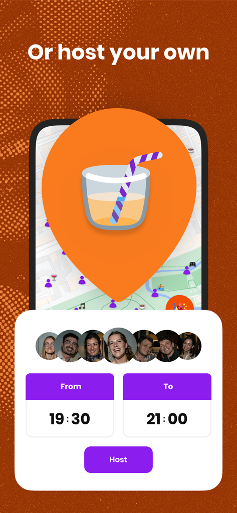 Amigos - Meet fun people - 地図と時間選択機能でソーシャルイベントをホストする方法を示すAmigosアプリのインターフェース。