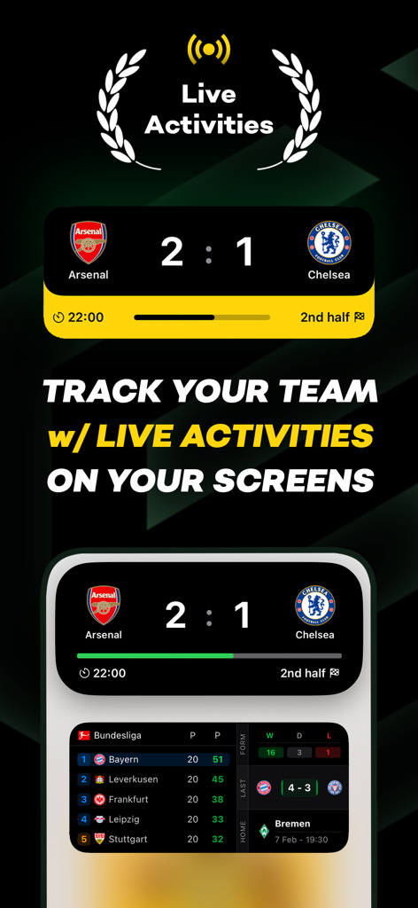 Standings · Live Score Widgets - iPhone screen displaying live soccer scores and league standings widgets