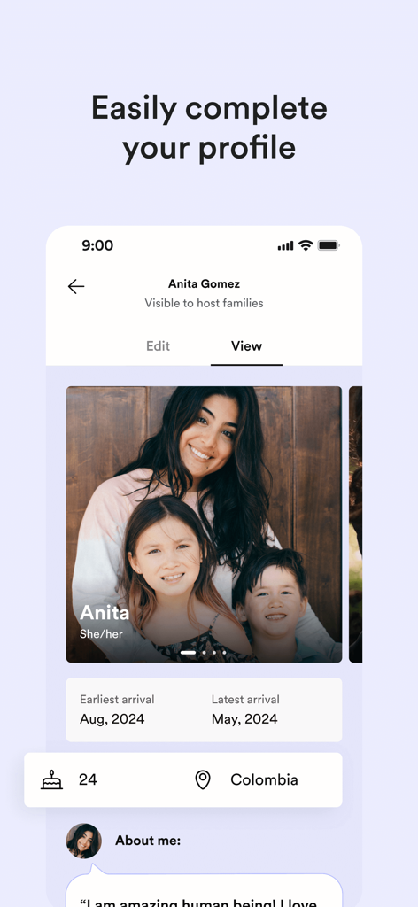 Cultural Care Au Pair app screen showing a user profile with personal details and photos to match with host families