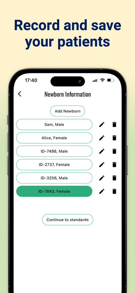 Uma interface clínica mostrando uma lista de perfis de pacientes recém-nascidos salvos com nomes e IDs no aplicativo INTERGROWTH-21st.