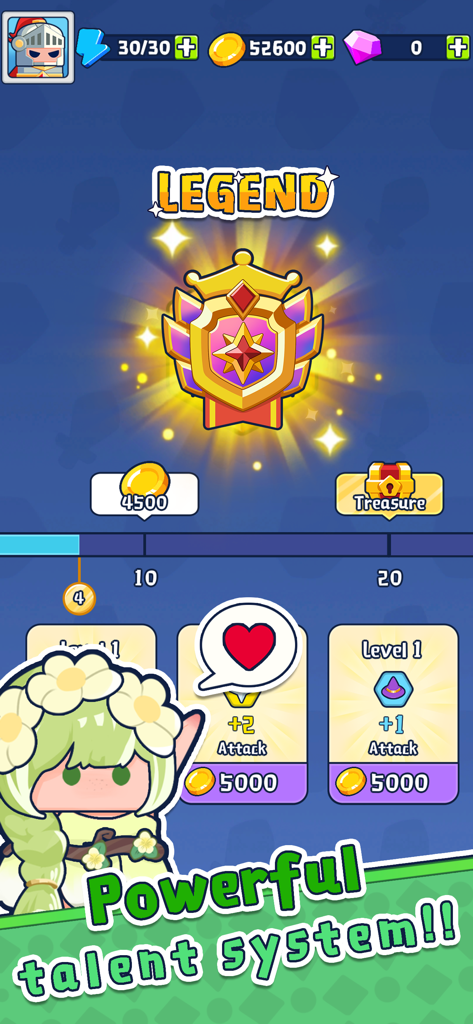 Spin Go Lucky Hero gameplay screen showcasing the Legend rank medal and character talent upgrade system with cartoon graphics