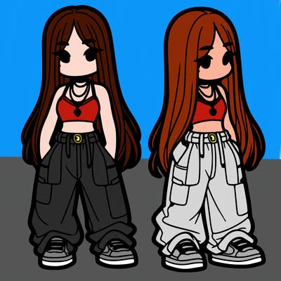 girl in baggy pants crop top and long hair