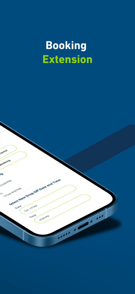 날짜 및 시간 선택 기능이 있는 예약 연장 기능을 보여주는 Lumi 렌터카 앱 화면