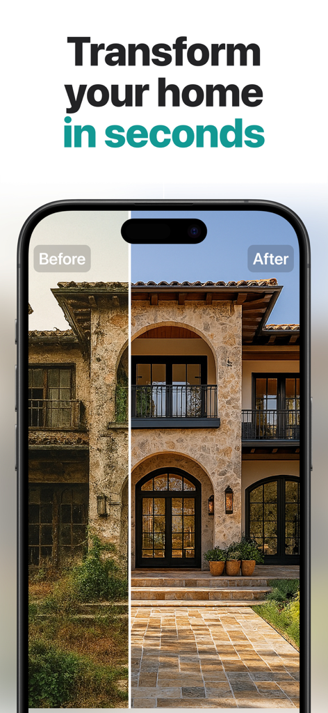 AI Home Design - Renovo - A before and after view of a house exterior transformed by Renovo AI home design app