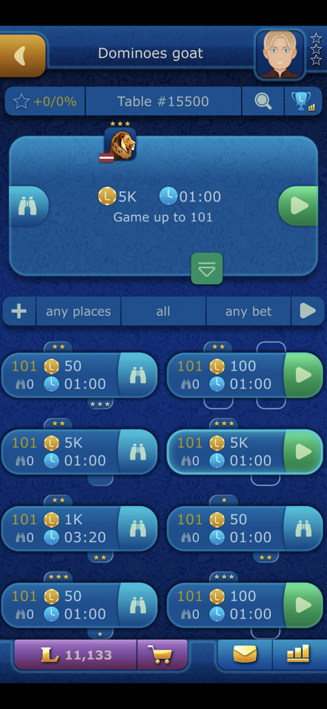 Online Dominoes LiveGames - Table selection lobby for the Dominoes Goat game mode in the Online Dominoes LiveGames app.
