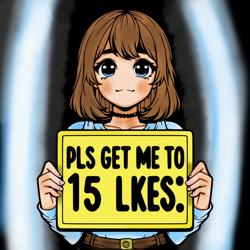 realistic girl holding up a sign that says “pls get me to 15 likes!”