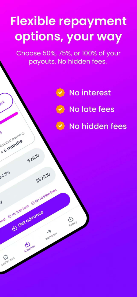 Creator Cash App - Creator Cash App interface showing flexible repayment options with no interest or hidden fees for digital creators