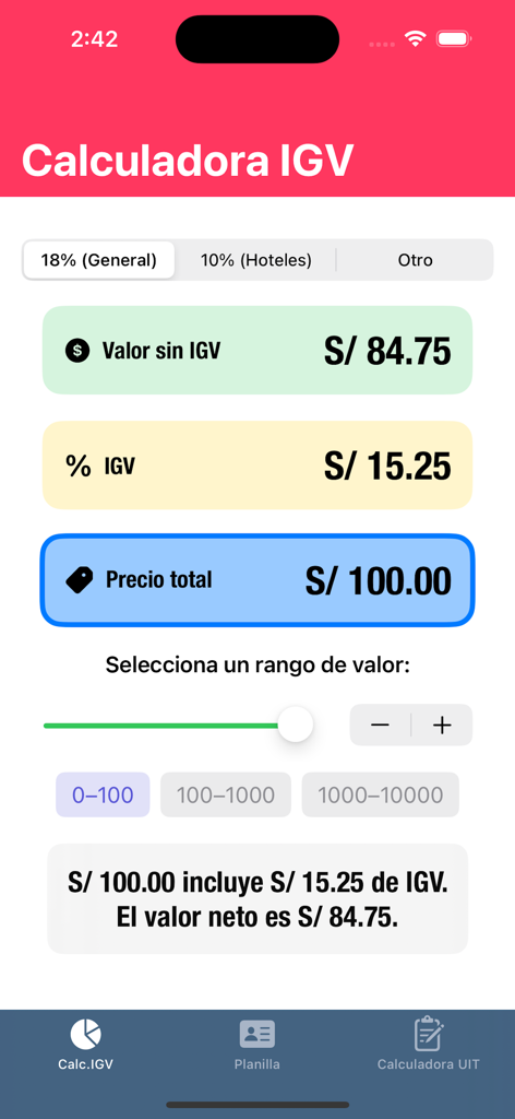 Calculadora IGV Sunat - Una interfaz móvil de la aplicación Calculadora IGV Sunat que muestra un desglose del cálculo del impuesto general sobre las ventas en Perú.