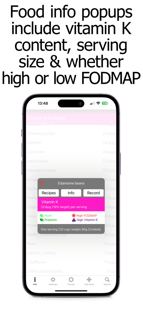 Vitamin K tracker app displaying food nutritional details and FODMAP status for edamame beans