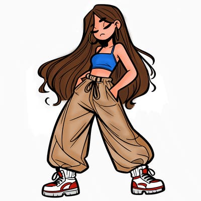 girl in baggy pants crop top and long hair