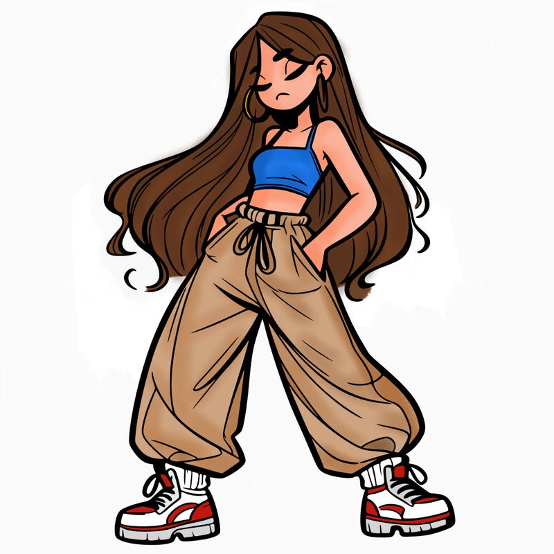 girl in baggy pants crop top and long hair