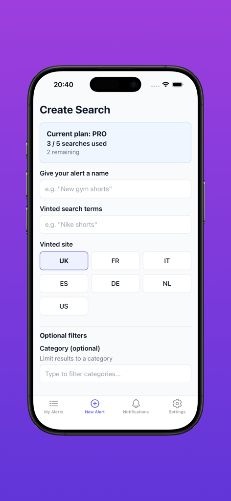 Interfaz de la aplicación Vinotify para crear una nueva alerta de búsqueda de anuncios de Vinted con selección de país y categoría