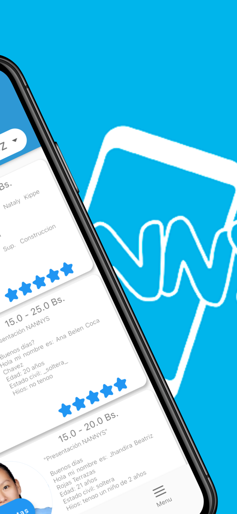 Nanny's app - Una pantalla móvil de la App Nanny que muestra una lista de perfiles de niñeras validadas con calificaciones por estrellas y tarifas por hora.