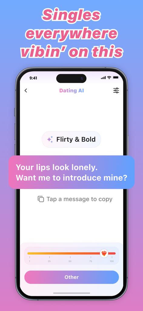 Plug AI: Rizz Dating Assistant - Ein Screenshot der Plug AI App, der eine kokette Anmachsprüche und einen Spicy Tone Slider anzeigt.