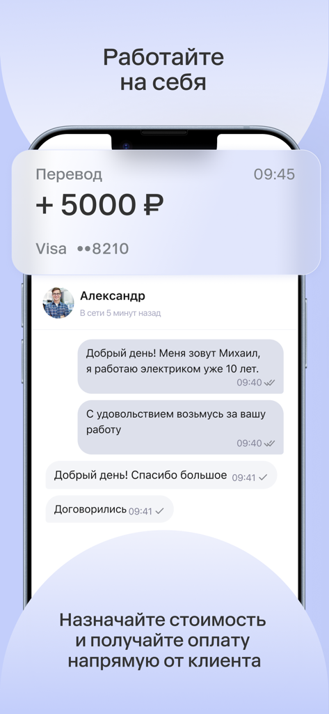 Mobile app interface showing a service professional chatting with a client and receiving a direct payment notification.