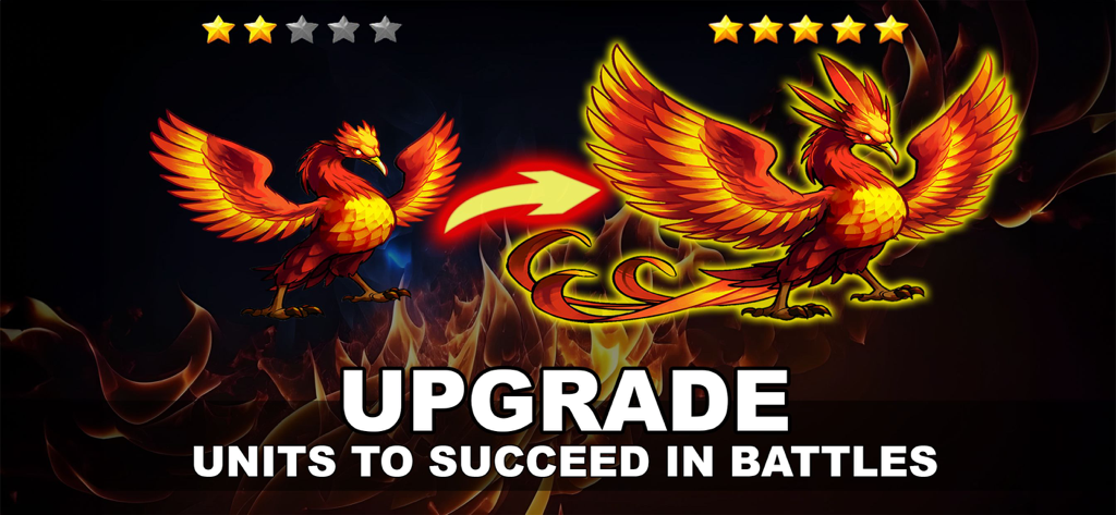 A visual demonstration of upgrading a phoenix creature from two to five stars in the Era of Magic Wars mobile strategy game.