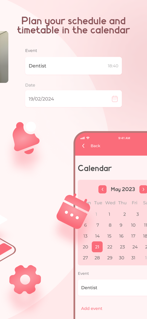 A visualização de calendário do aplicativo LadyFly mostrando como planejar horários e eventos como uma consulta ao dentista.
