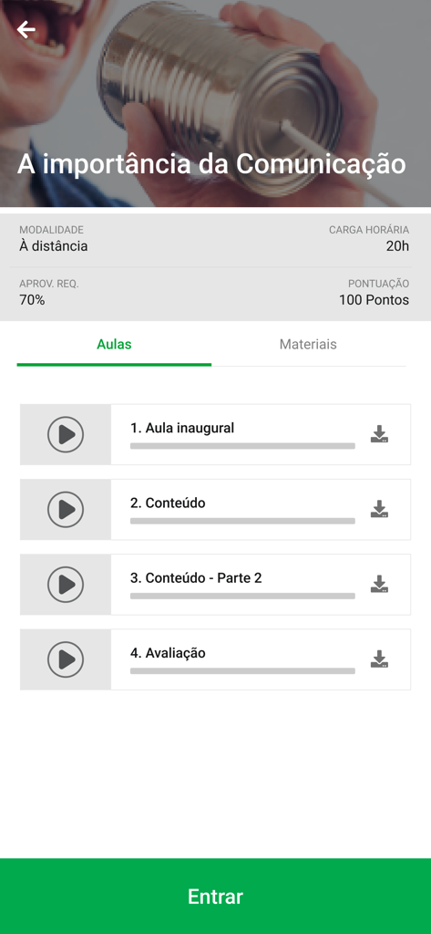 Portal do Conhecimento - Interface of the Portal do Conhecimento app showing a course on communication with a list of video lessons and course requirements.