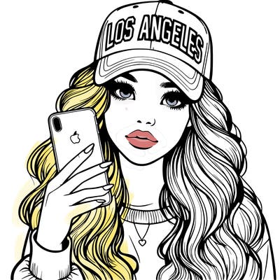 realistic beautiful girl wearing los ángeles cap holding an iphone
