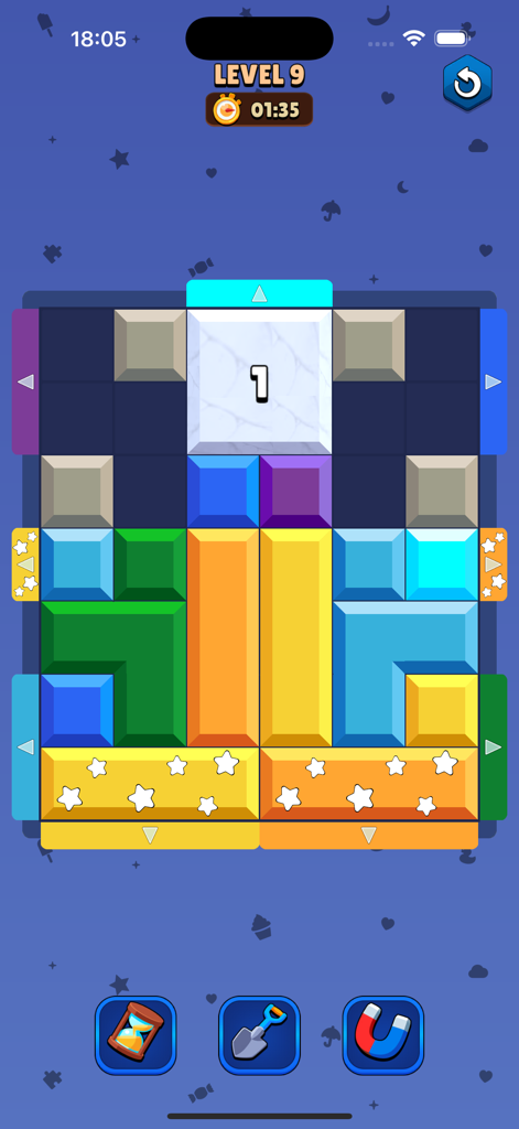 Color Block Jam Games - Jugabilidad del puzzle de clasificación de bloques de colores mostrando el nivel nueve con bloques vibrantes e iconos de potenciadores