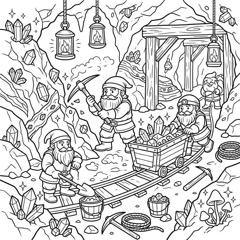 Embark on an exciting coloring journey deep underground with our detailed Dwarf Miners template, specially crafted for teens. Join these industrious characters as they uncover sparkling treasures in a richly illustrated cave, offering hours of creative fun.
