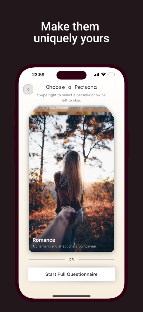 My AI Girlfriend - Interfaz para elegir una personalidad de IA en la aplicación Mi Novia IA.