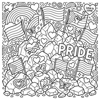 Celebrate love and diversity with this intricate coloring page designed for teens, featuring a vibrant interpretation of 'hail drifts' adorned with Pride symbols. It's a perfect blend of challenging details and heartfelt expression for Pride Month.