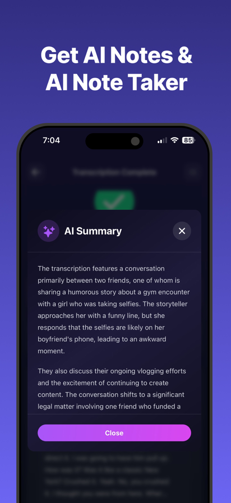 Transcribe Video to Text: Vid2 - 전사된 동영상 대화의 간결한 개요를 보여주는 Vid2 앱의 AI 요약 기능