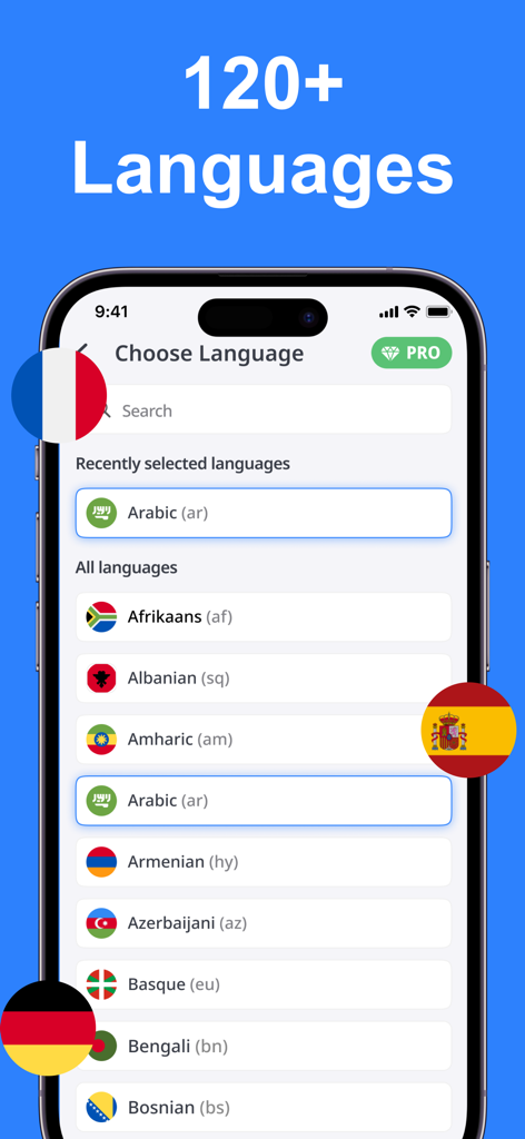 Voice Translator AI: Translate - Interface de um aplicativo móvel mostrando uma lista de mais de 120 idiomas suportados no Voice Translator AI