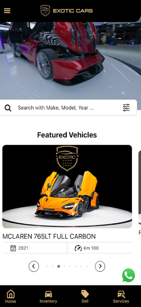 Exotic Cars Dubai - Mobile app interface for Exotic Cars Dubai showing a featured orange McLaren 765LT supercar and inventory search
