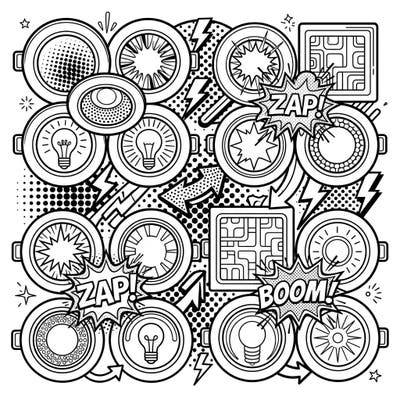 Dive into a world where everyday fixtures meet vibrant art with this unique Recessed Lighting Pop Art coloring page. Explore bold lines and dynamic patterns, ready for your creative touch.