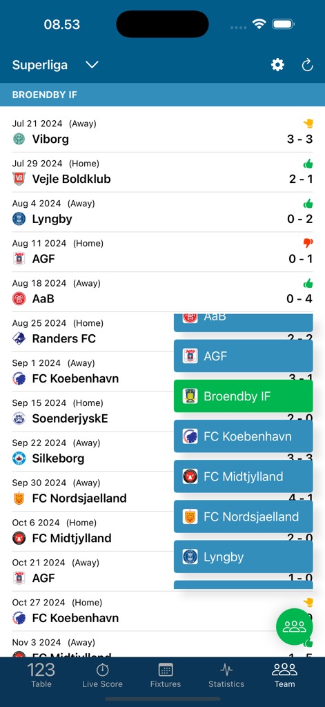 Football DK app screen displaying Danish Superliga match fixtures and scores for Broendby IF