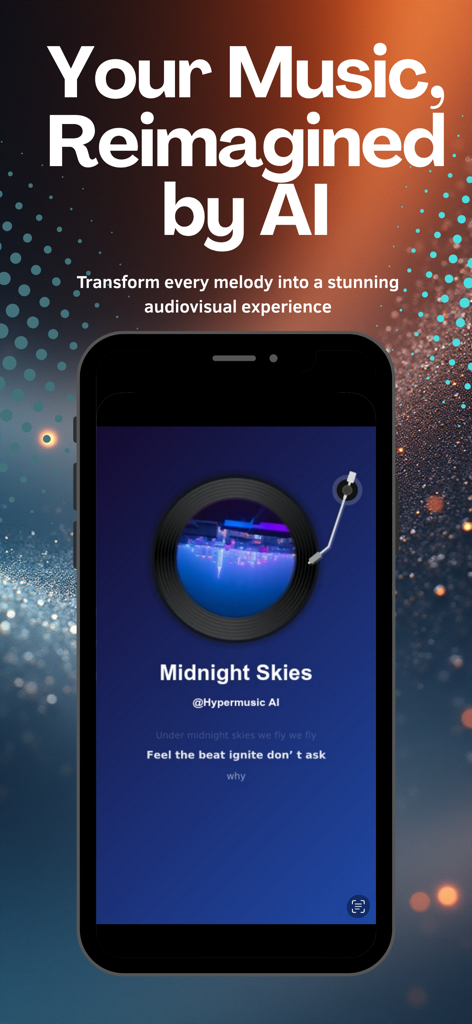 HyperMusic AI: Songs & Beats - HyperMusic AI app interface showing a music player with lyrics and a spinning record visualizer for a song titled Midnight Skies