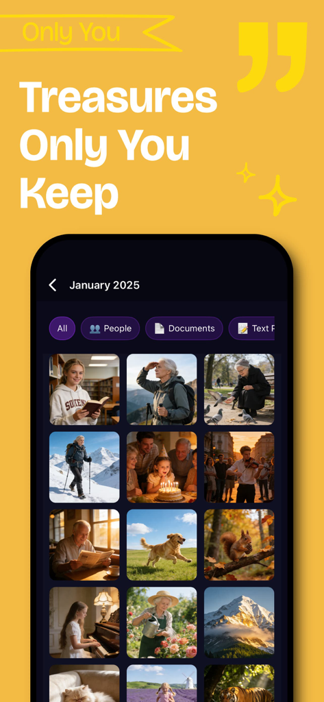 Memories Cleaner：Memory Grove - Memory Grove 앱의 모바일 인터페이스가 '당신만이 간직하는 보물'이라는 제목 아래 사람 및 문서 필터가 있는 2025년 1월 사진 갤러리를 표시하고 있습니다.