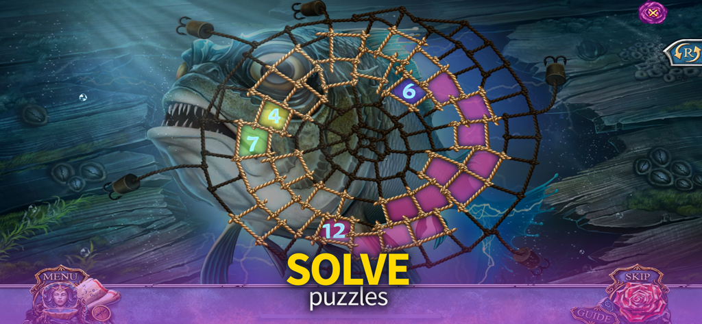 Living Legends: Voice - A mini-game puzzle featuring a giant fish and a rope grid in Living Legends Voice.