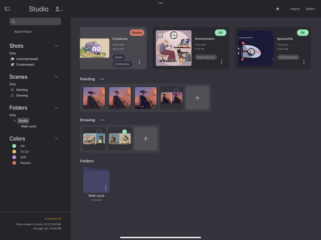 Callipeg: 2D Animation App - Callipeg studio interface showing animation project management with thumbnails and color coded labels